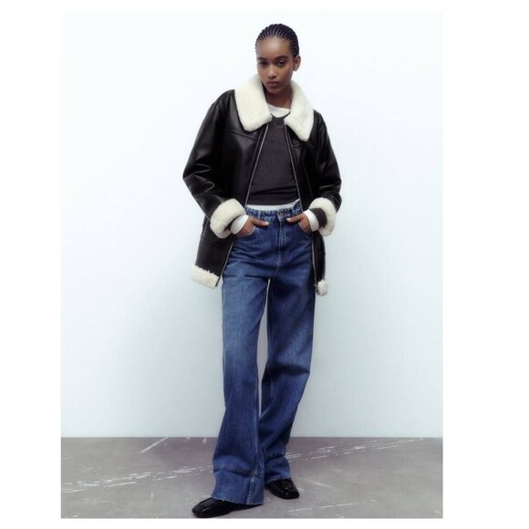 ZARA Faux Leather Shearling Lined Moto Jacket - Picture 2 of 11